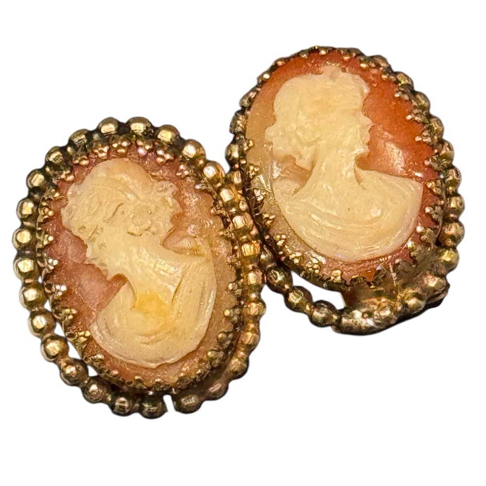 Vintage Carved Shell Cameo Clip on Gold Finish Earrings